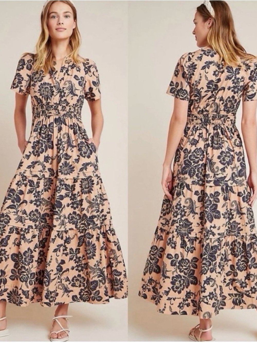 Anthropologie Somerset Dress in Tan/Peach with Navy Floral Motif Size XS